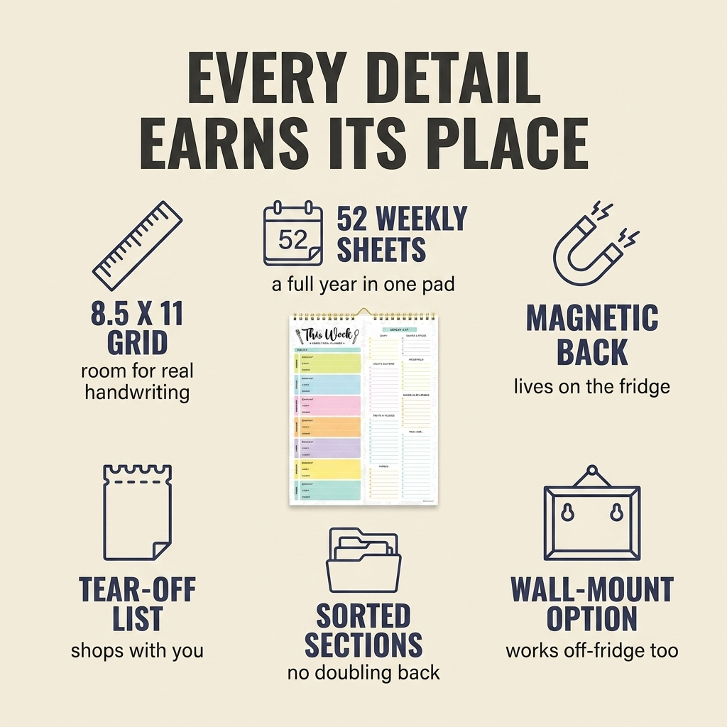 Feature overview: full-width magnet, 52 weeks, aisle-sorted tear-off list