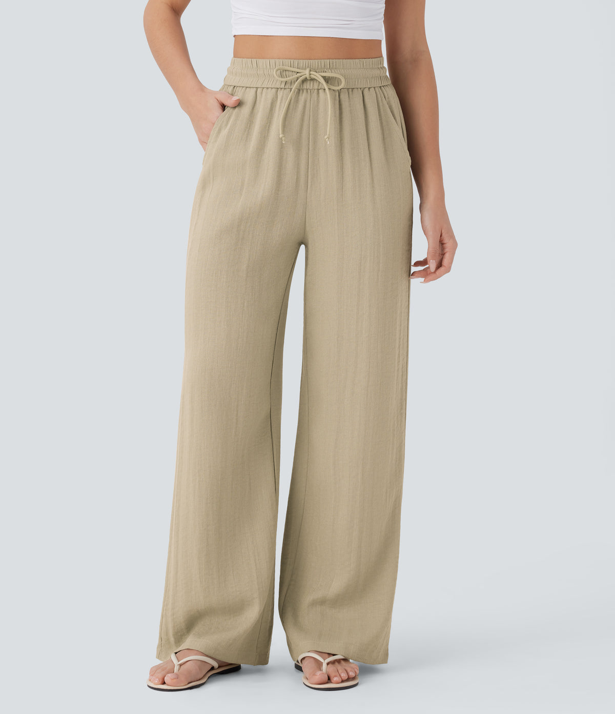 Linen-feel wide-leg drawstring pants in Fields of Rye