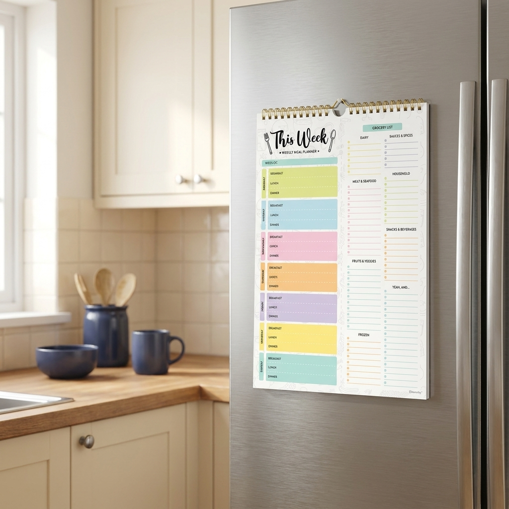 Brellano magnetic weekly meal planner pad on a fridge door
