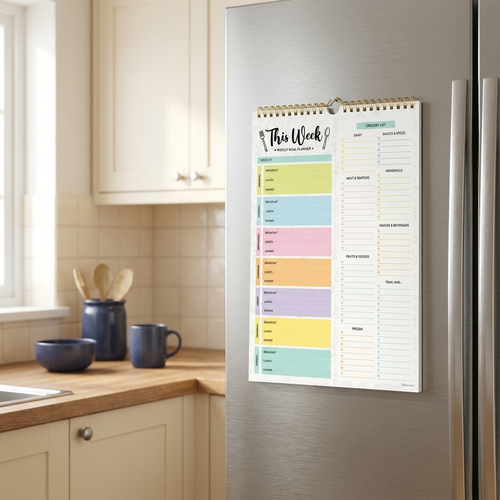 Brellano magnetic weekly meal planner pad on a fridge door