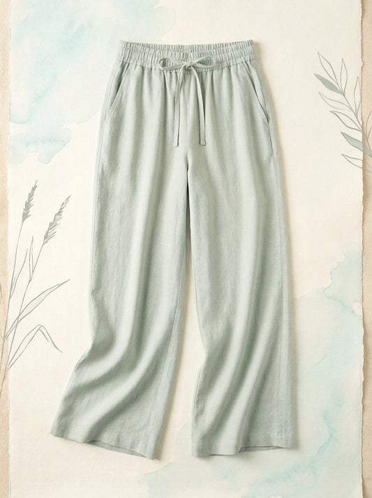 Linen-Feel Wide-Leg Drawstring Pants