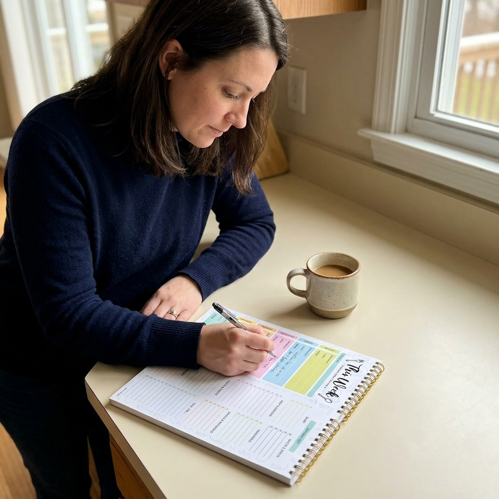 The Brellano planner in a real kitchen, on the fridge