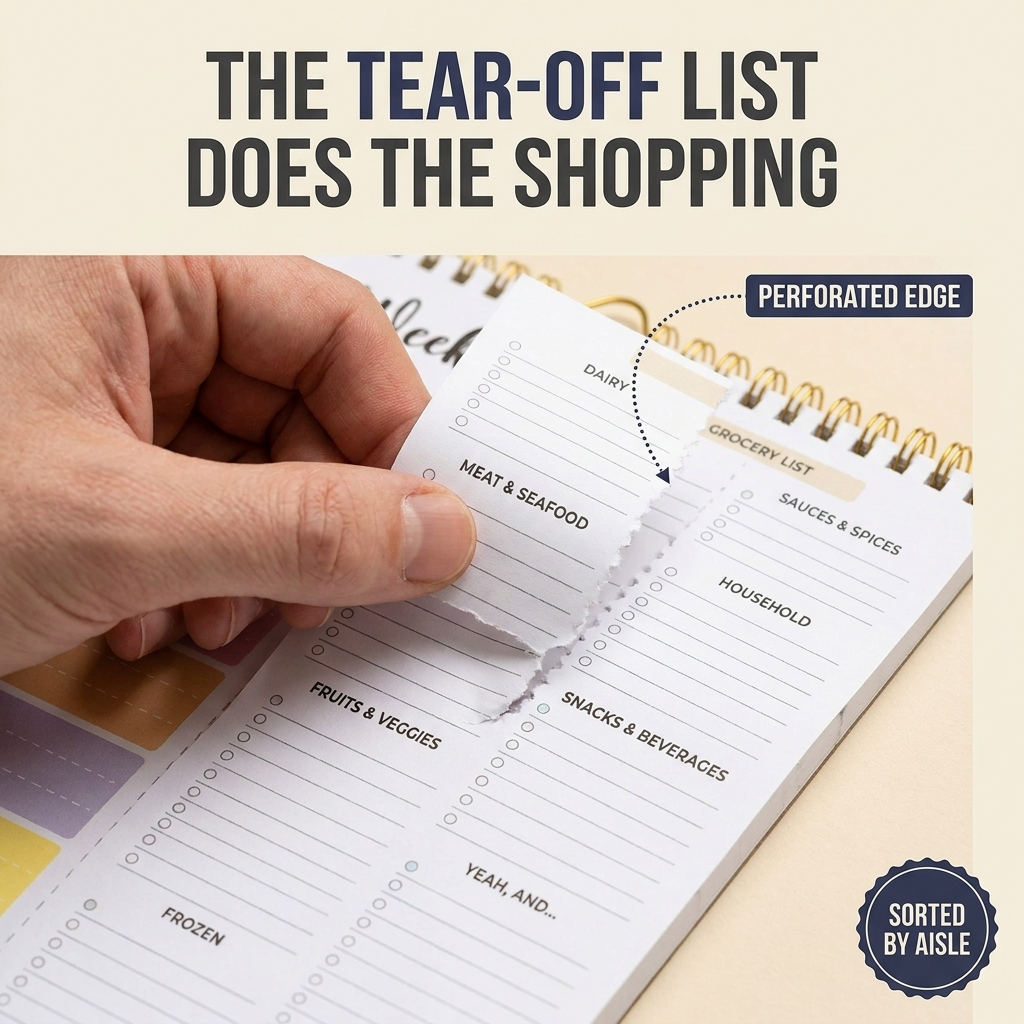 Close-up of the tear-off, aisle-sorted perforated grocery list