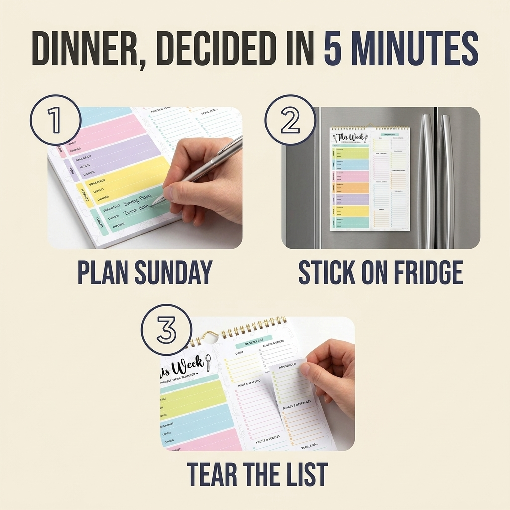 How it works: plan the week, tear off the list, shop by aisle