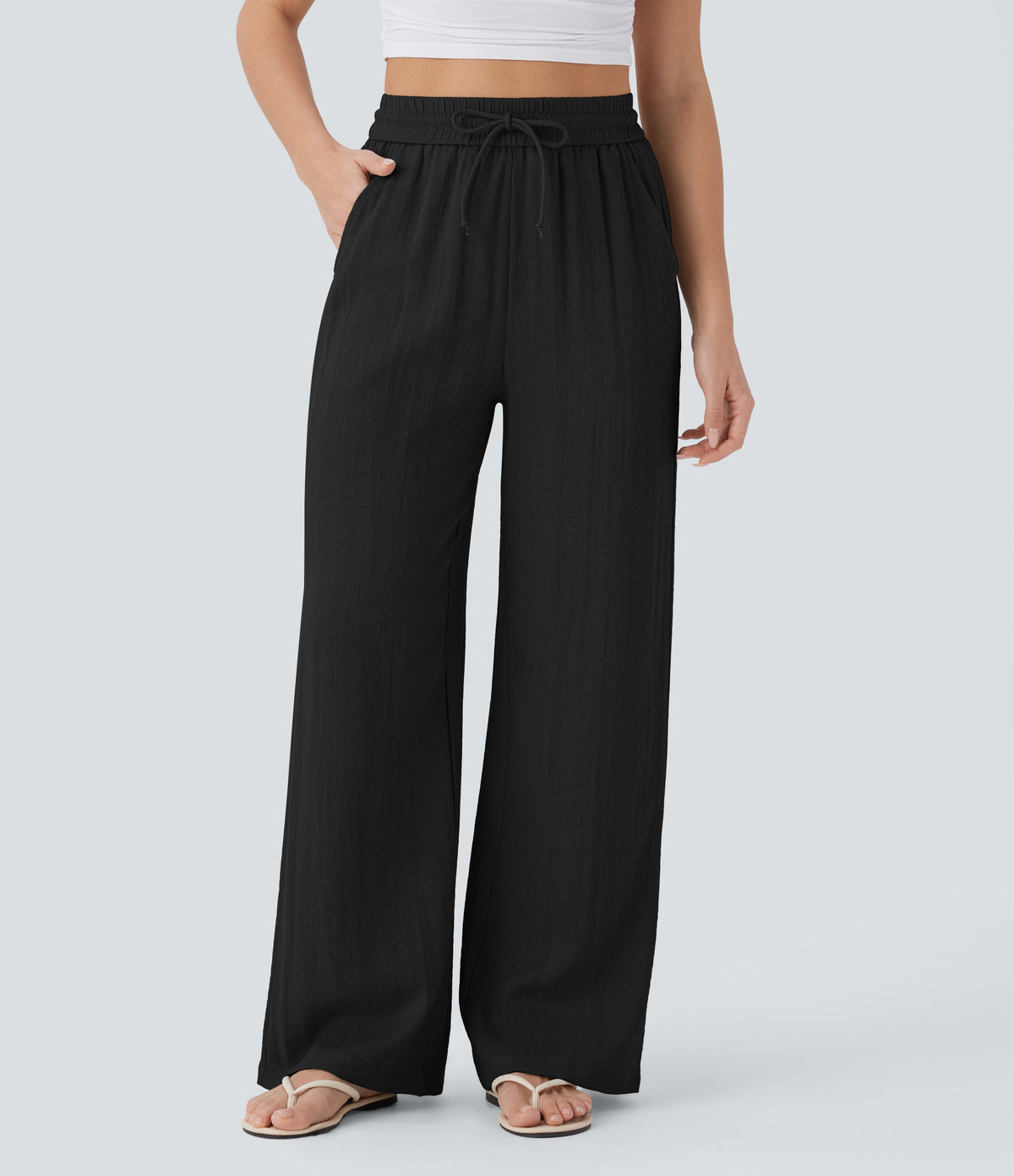 Linen-feel wide-leg drawstring pants in Black