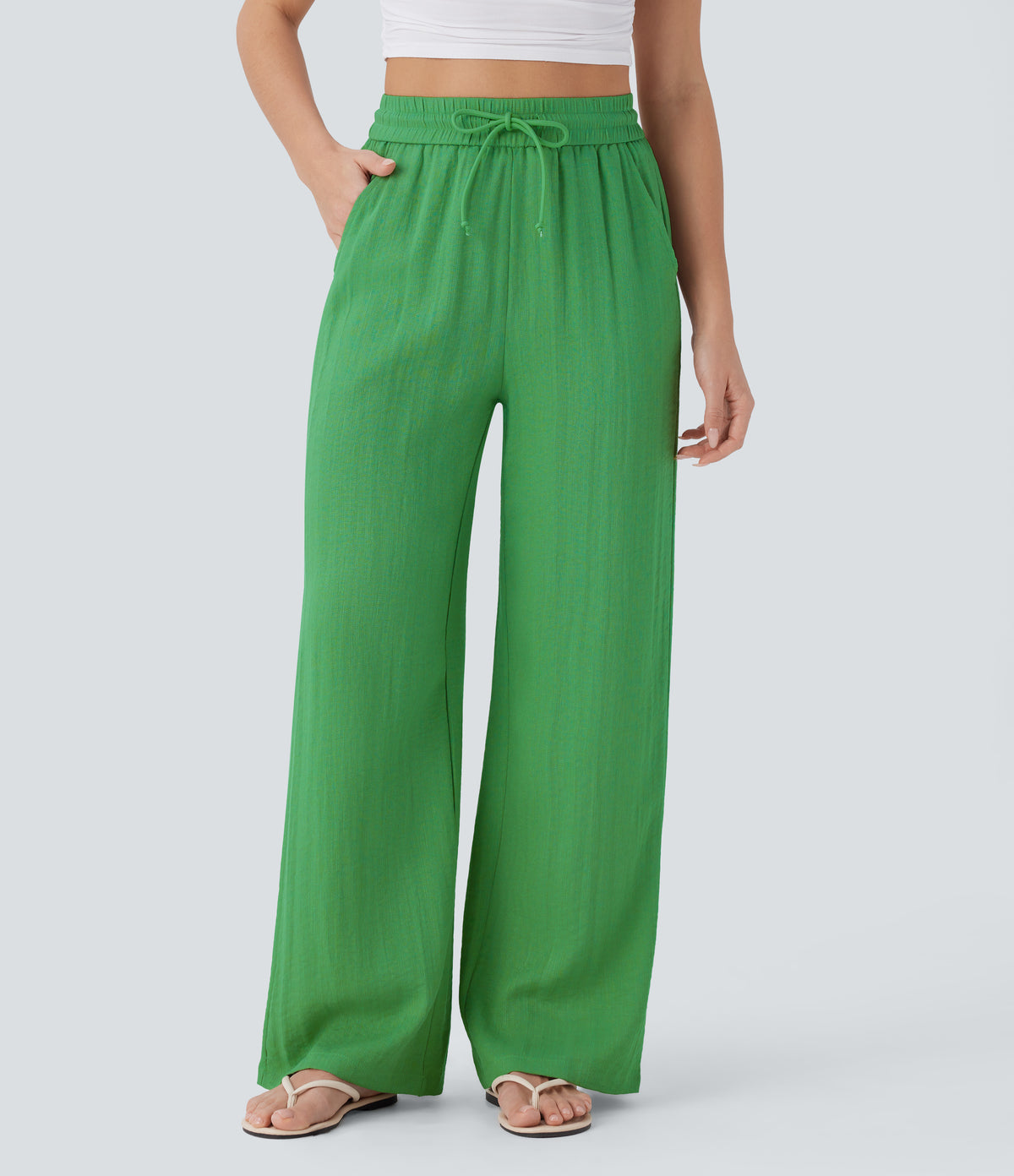 Linen-feel wide-leg drawstring pants in Kelly Green