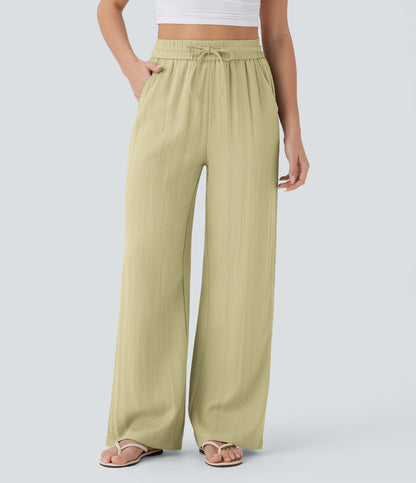 Linen-feel wide-leg drawstring pants in Golden Mist