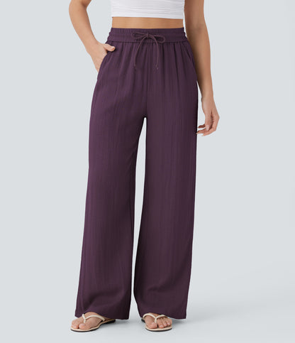 Linen-feel wide-leg drawstring pants in Italian Plum