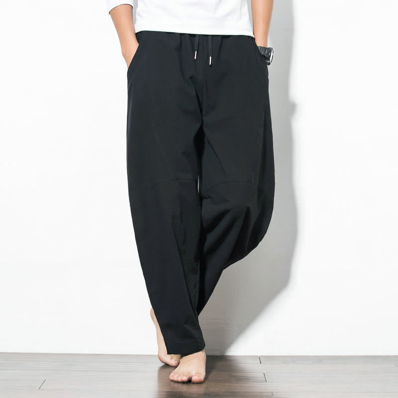Men's Cotton Drawstring Pants with Pockets — in black