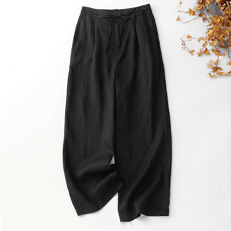 Cotton-Linen Ankle-Length Pants with Pockets — in black