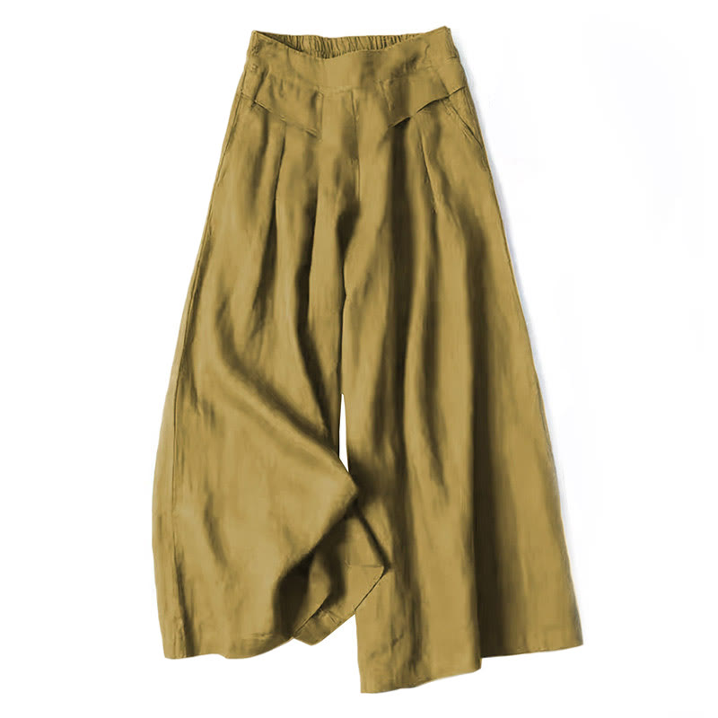 Cotton-Linen Wide-Leg Pants with Pockets — in dark khaki