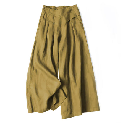 Cotton-Linen Wide-Leg Pants with Pockets — in dark khaki