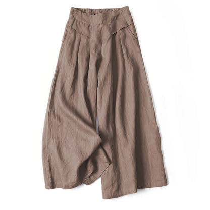 Cotton-Linen Wide-Leg Pants with Pockets — in sienna