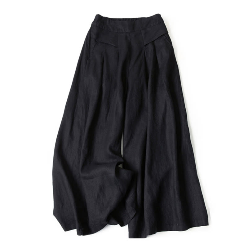 Cotton-Linen Wide-Leg Pants with Pockets — in black