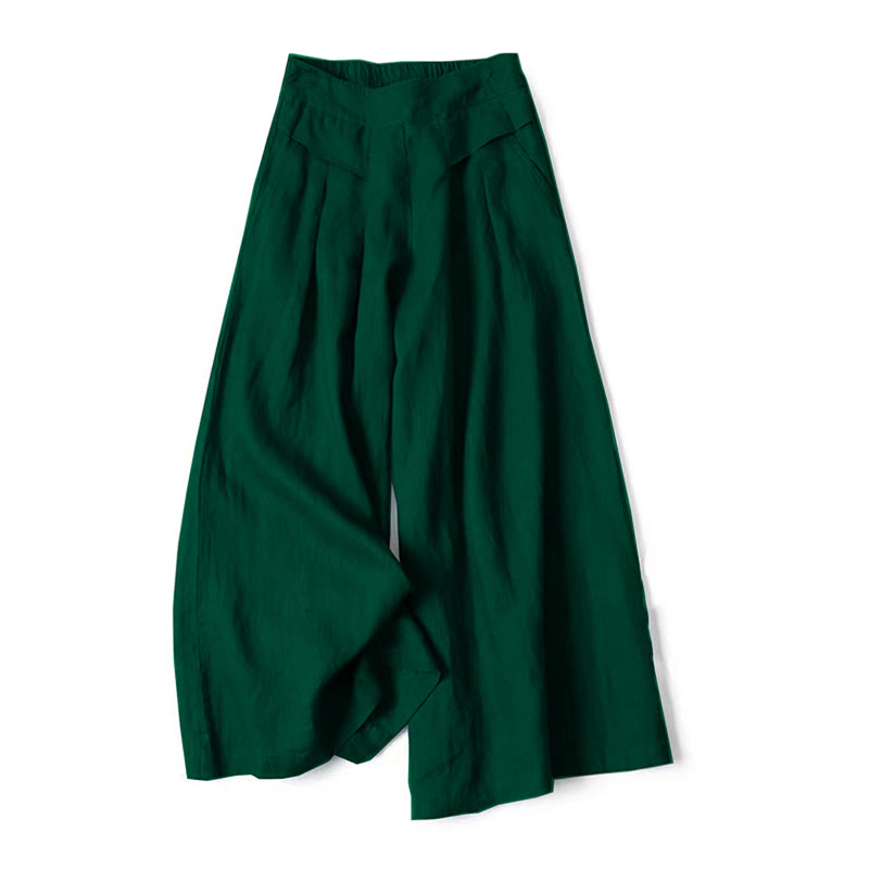 Cotton-Linen Wide-Leg Pants with Pockets — in dark green