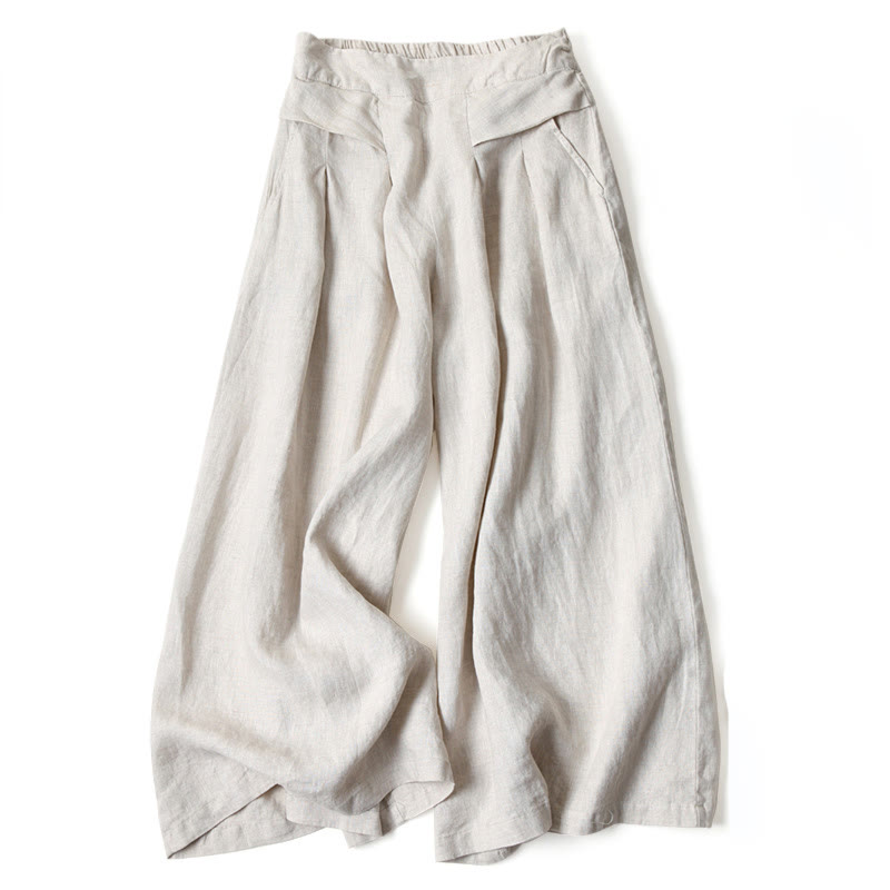 Cotton-Linen Wide-Leg Pants with Pockets — in beige