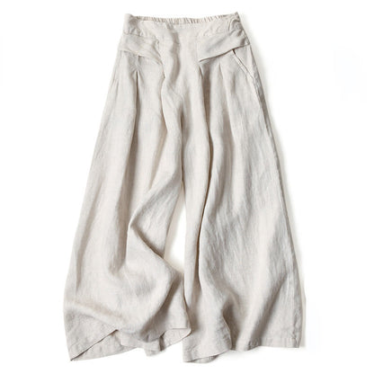 Cotton-Linen Wide-Leg Pants with Pockets — in beige