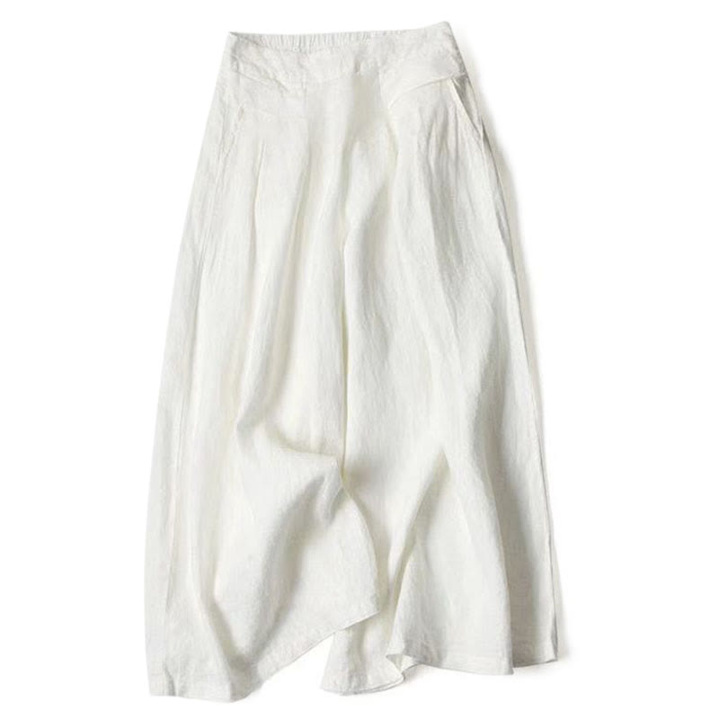 Cotton-Linen Wide-Leg Pants with Pockets — in white