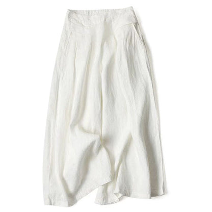 Cotton-Linen Wide-Leg Pants with Pockets — in white