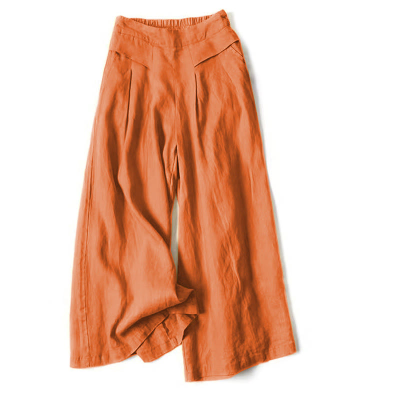 Cotton-Linen Wide-Leg Pants with Pockets — in orange