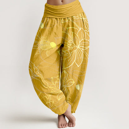 Koi & Lotus Cotton Harem Pants — in gold