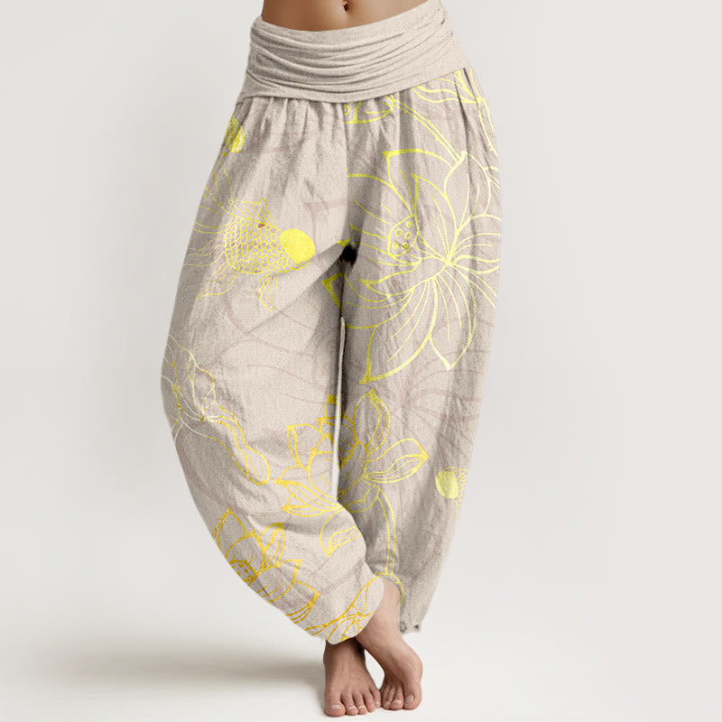 Koi & Lotus Cotton Harem Pants — in beige