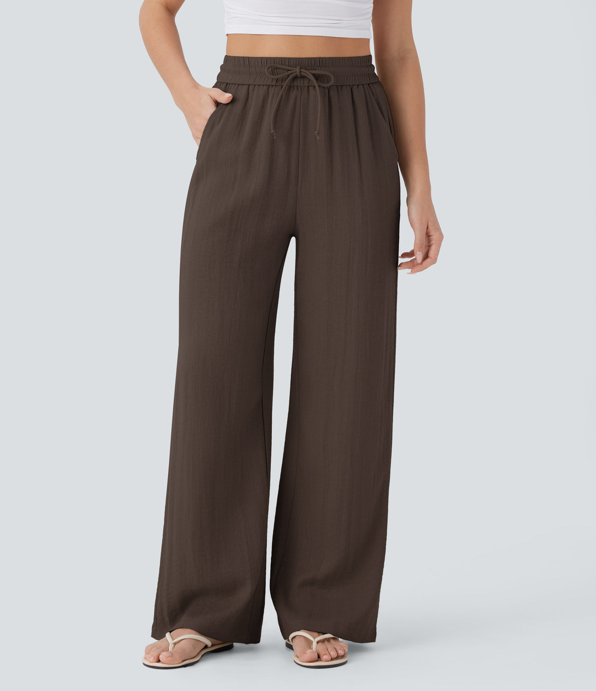 Linen-feel wide-leg drawstring pants in Chocolate Martini