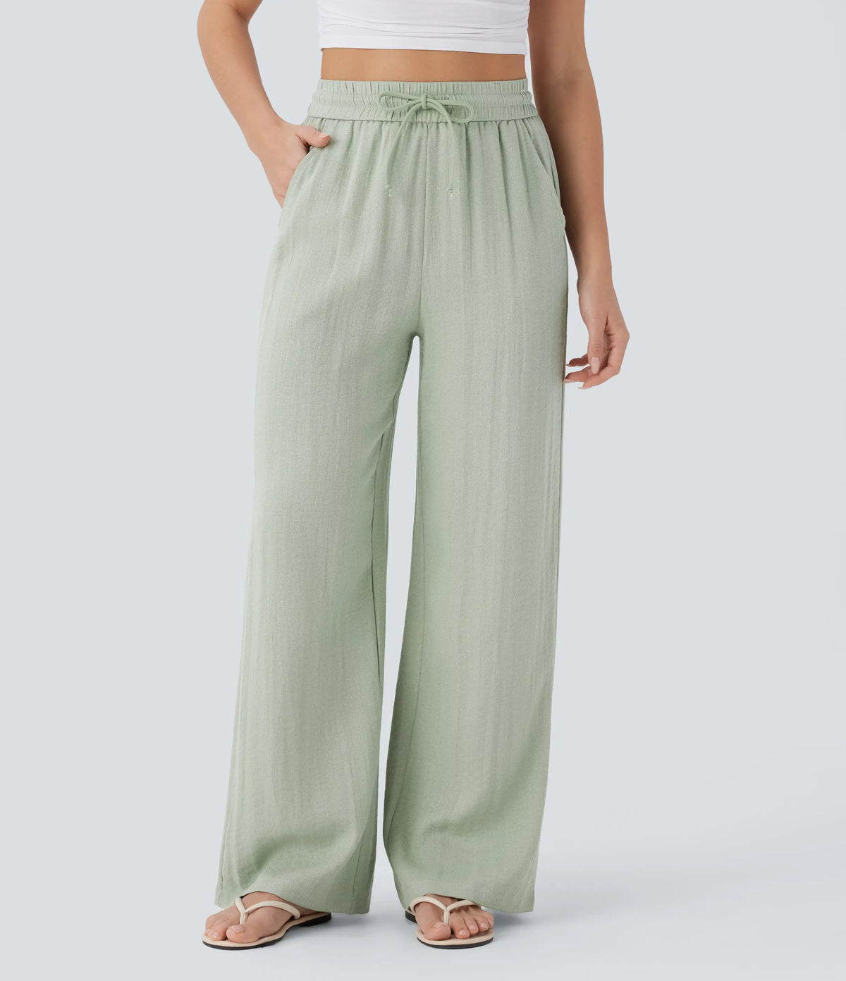 Linen-feel wide-leg drawstring pants in Pale Aqua, front view