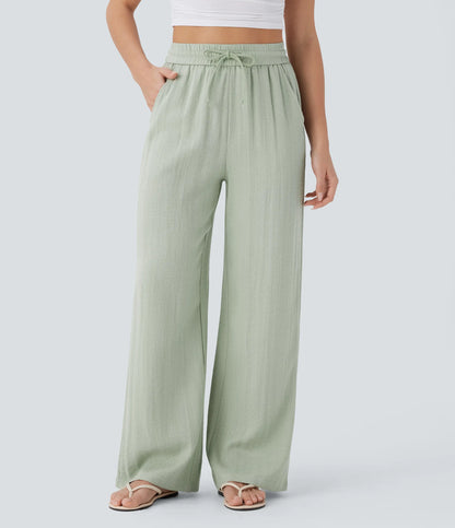 Linen-feel wide-leg drawstring pants in Pale Aqua, front view