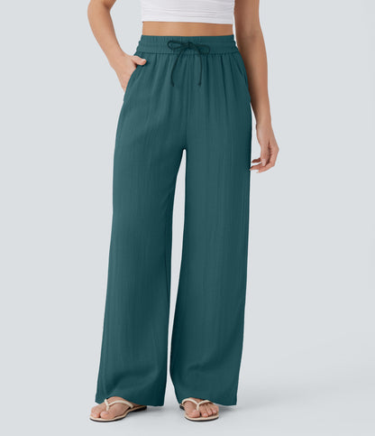Linen-feel wide-leg drawstring pants in Atlantic Deep