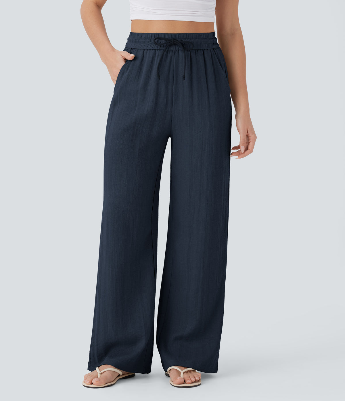 Linen-feel wide-leg drawstring pants in Dark Blue
