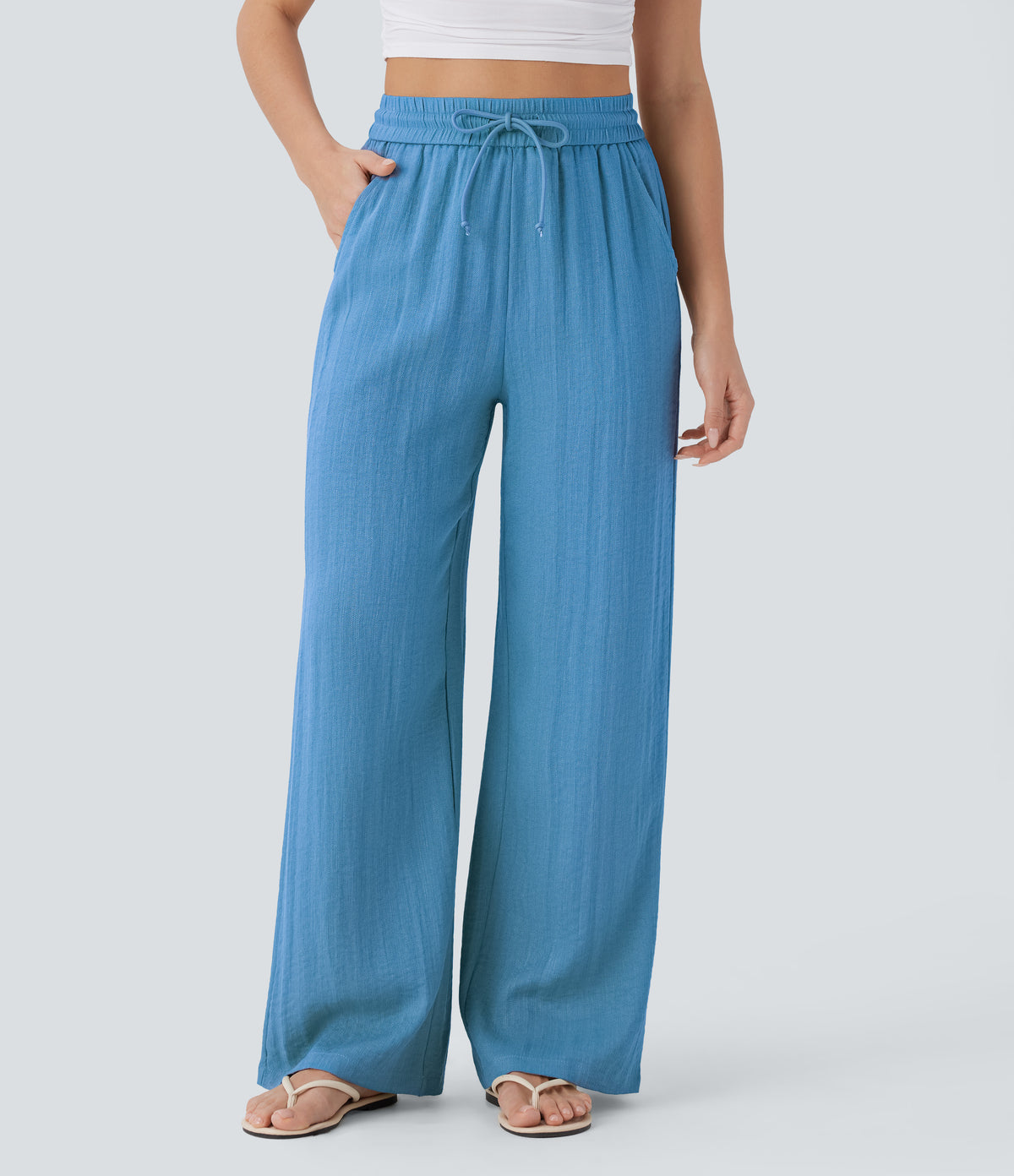 Linen-feel wide-leg drawstring pants in Azure Blue