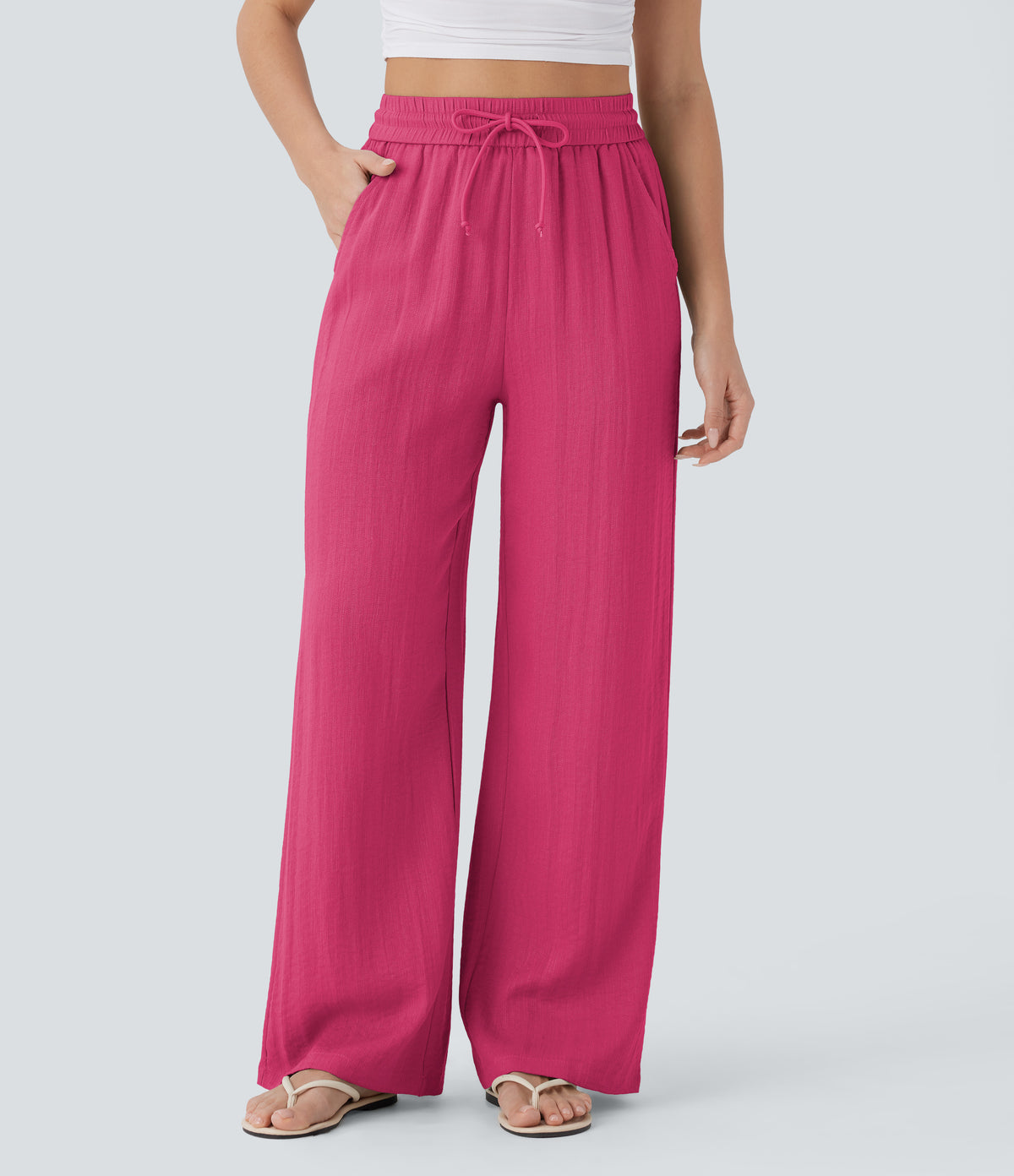Linen-feel wide-leg drawstring pants in Raspberry Sorbet