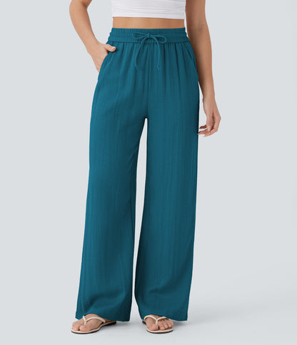 Linen-feel wide-leg drawstring pants in Crystal Teal