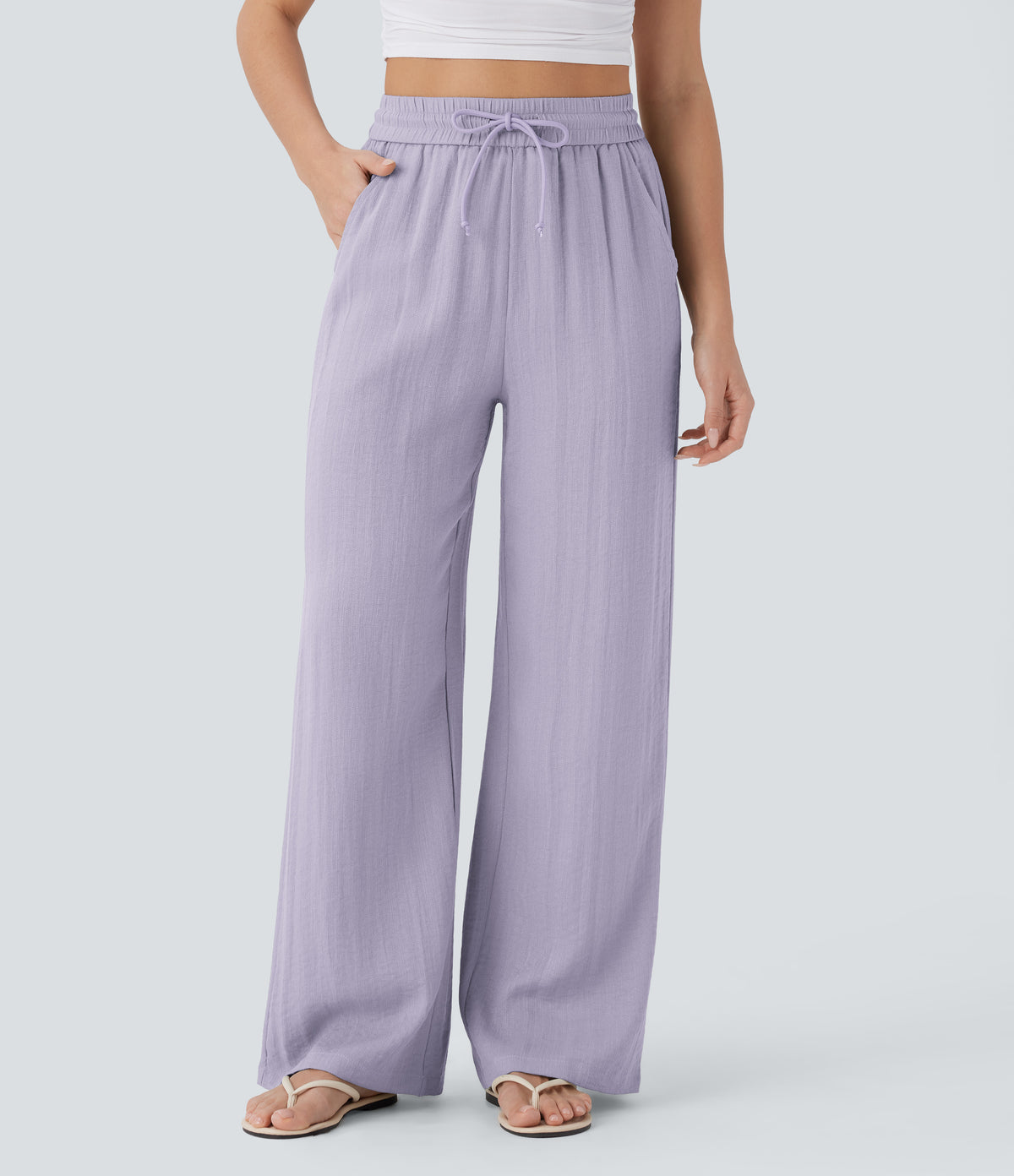 Linen-feel wide-leg drawstring pants in Wanderlust - Lilac