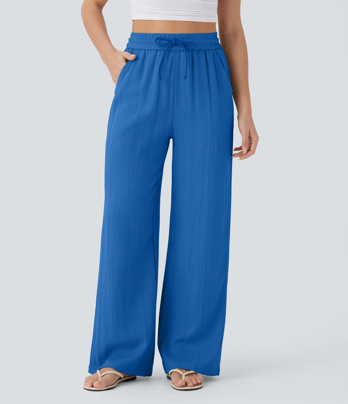 Linen-feel wide-leg drawstring pants in Strong Blue