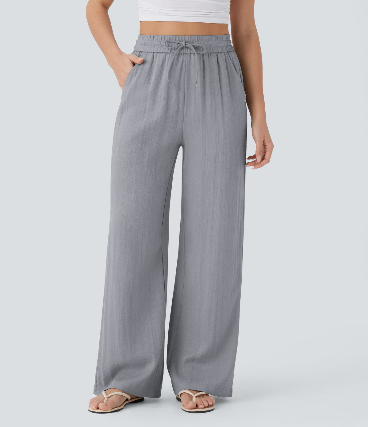 Linen-feel wide-leg drawstring pants in Steel Gray
