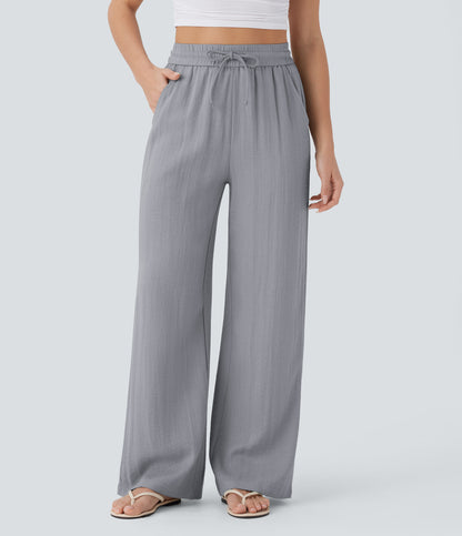 Linen-feel wide-leg drawstring pants in Steel Gray