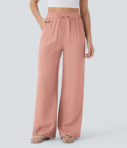 Linen-feel wide-leg drawstring pants in Mineral Red