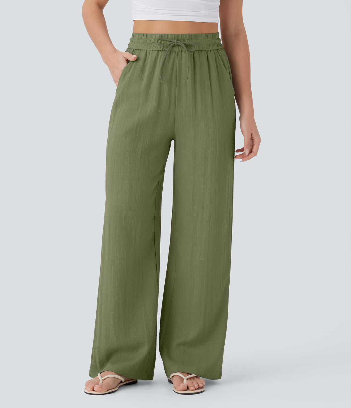 Linen-feel wide-leg drawstring pants in Loden Green