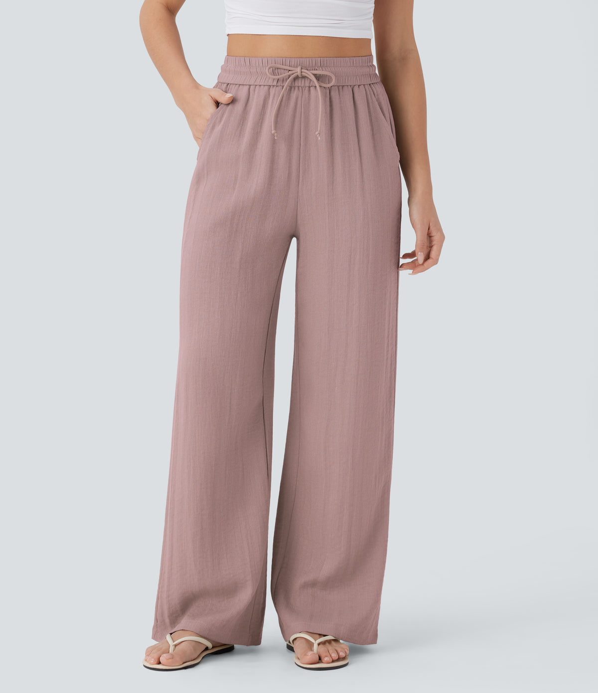Linen-feel wide-leg drawstring pants in Deauville Mauve
