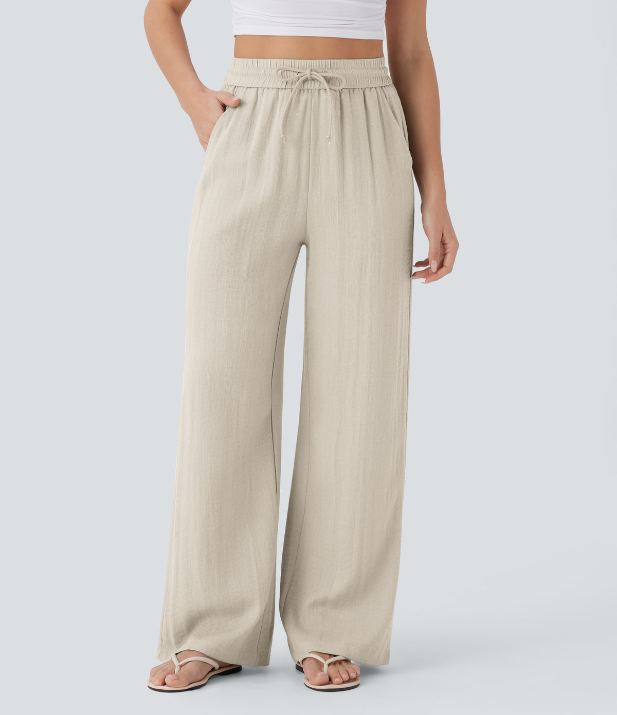 Linen-feel wide-leg drawstring pants in Whisper White