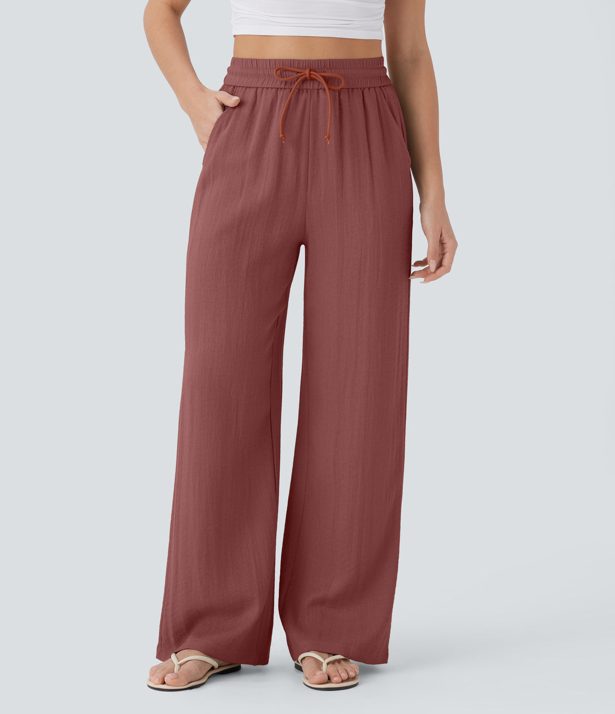 Linen-feel wide-leg drawstring pants in Sequoia