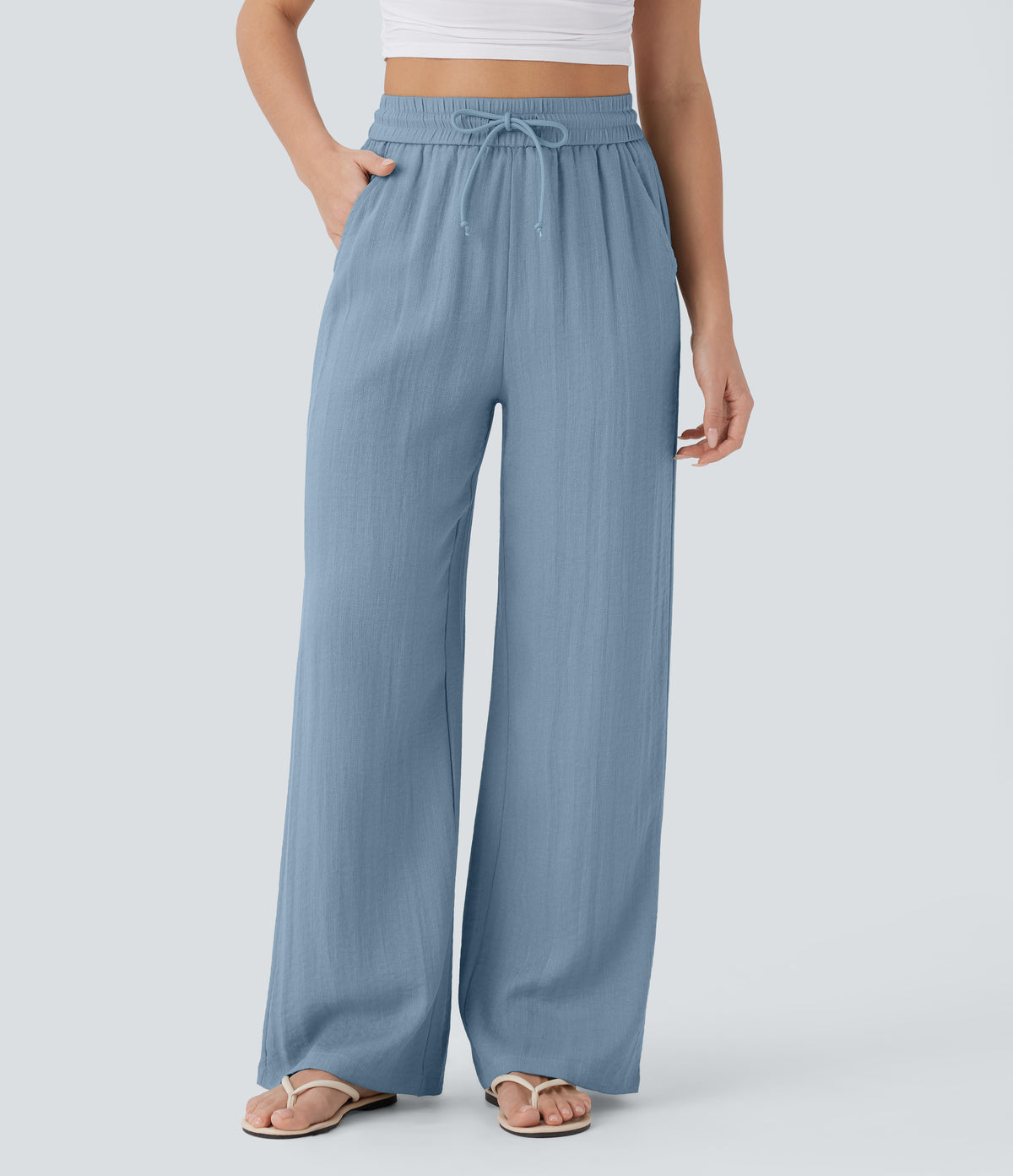Linen-feel wide-leg drawstring pants in Mountain Spring