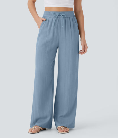 Linen-feel wide-leg drawstring pants in Mountain Spring