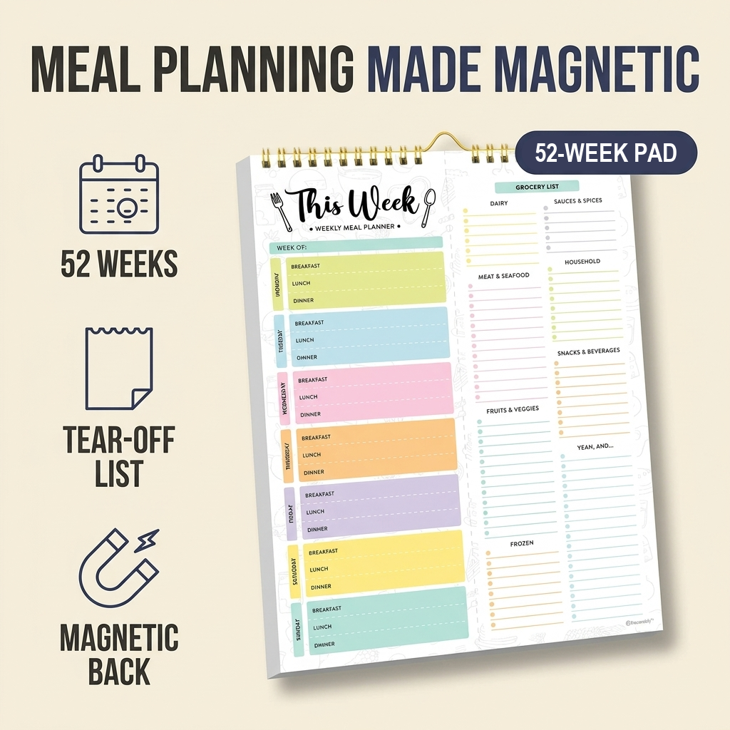 Brellano magnetic weekly meal planner — 52-week pad with tear-off grocery list