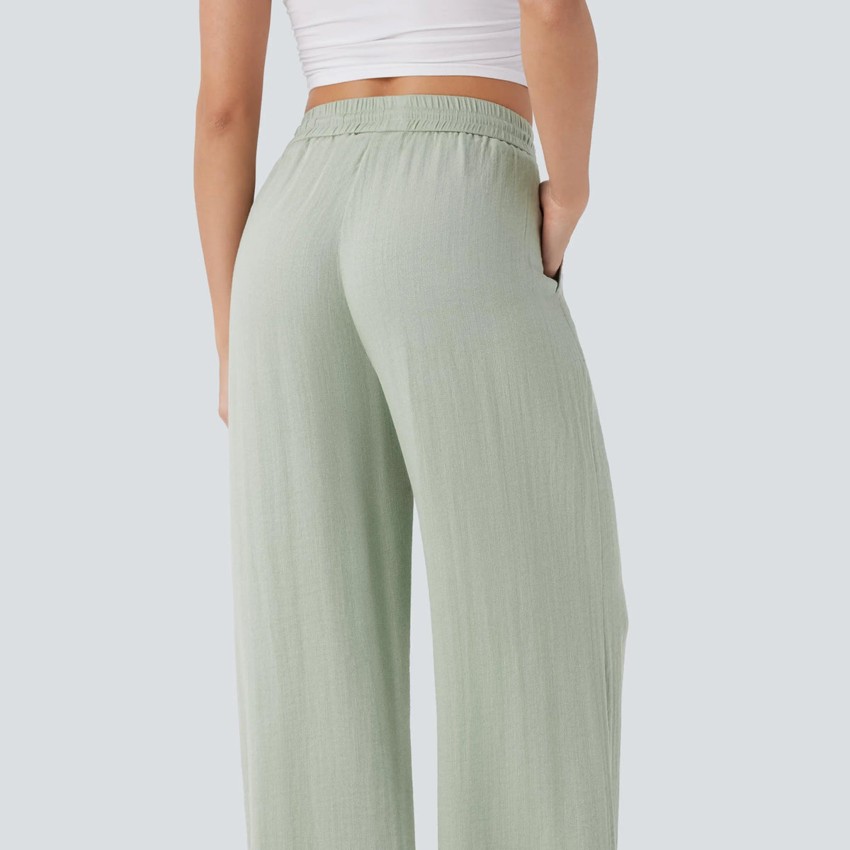 Pale Aqua linen-feel pants, back view and elastic waistband