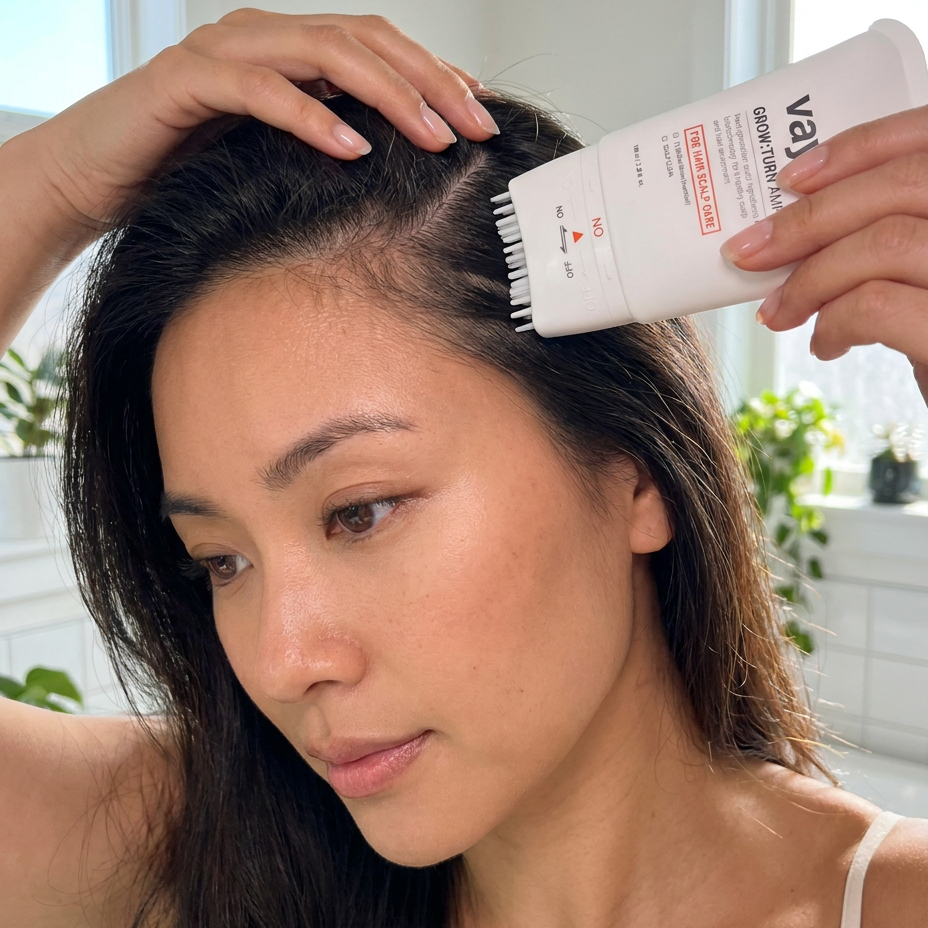 Woman applying vaya Korean scalp serum with the brush applicator