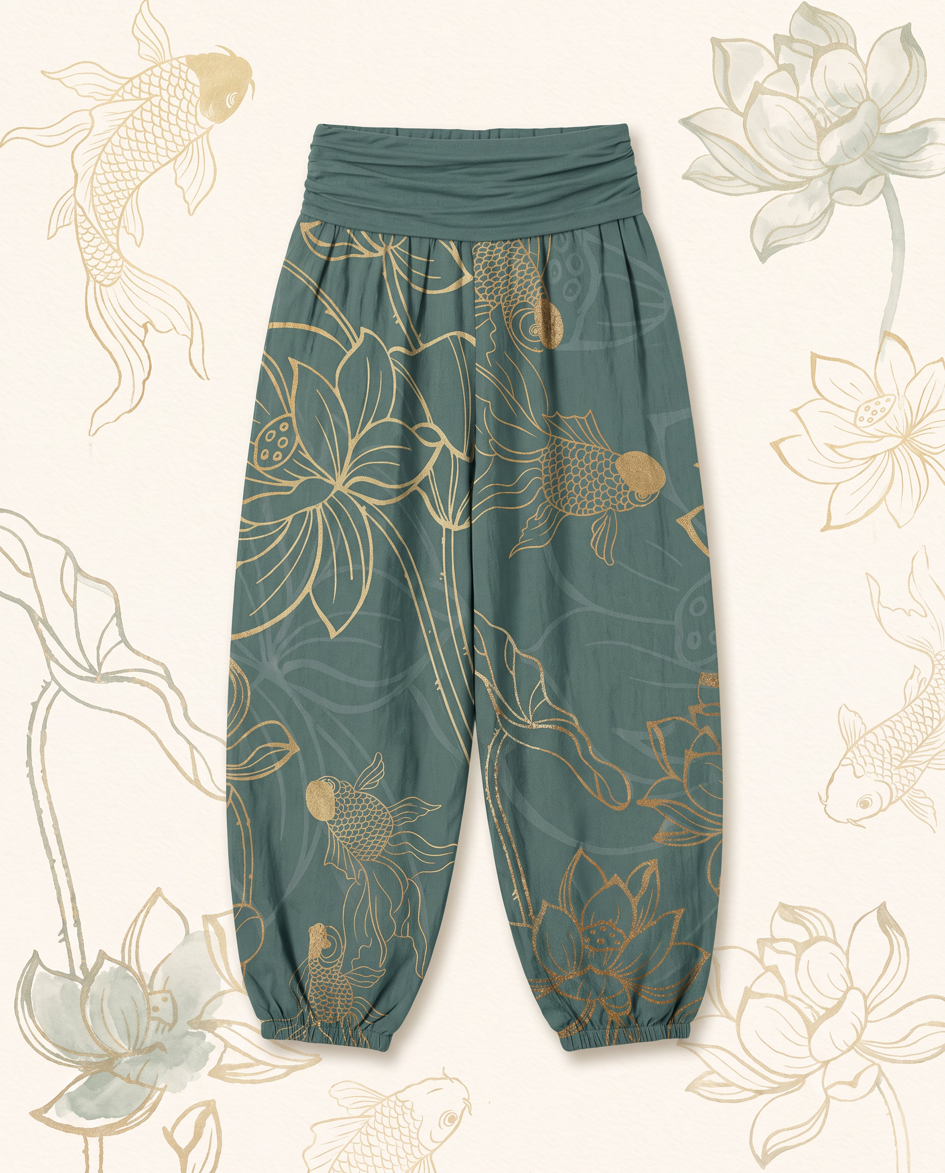 Koi & Lotus Cotton Harem Pants — flat-lay view