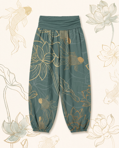 Koi & Lotus Cotton Harem Pants — flat-lay view
